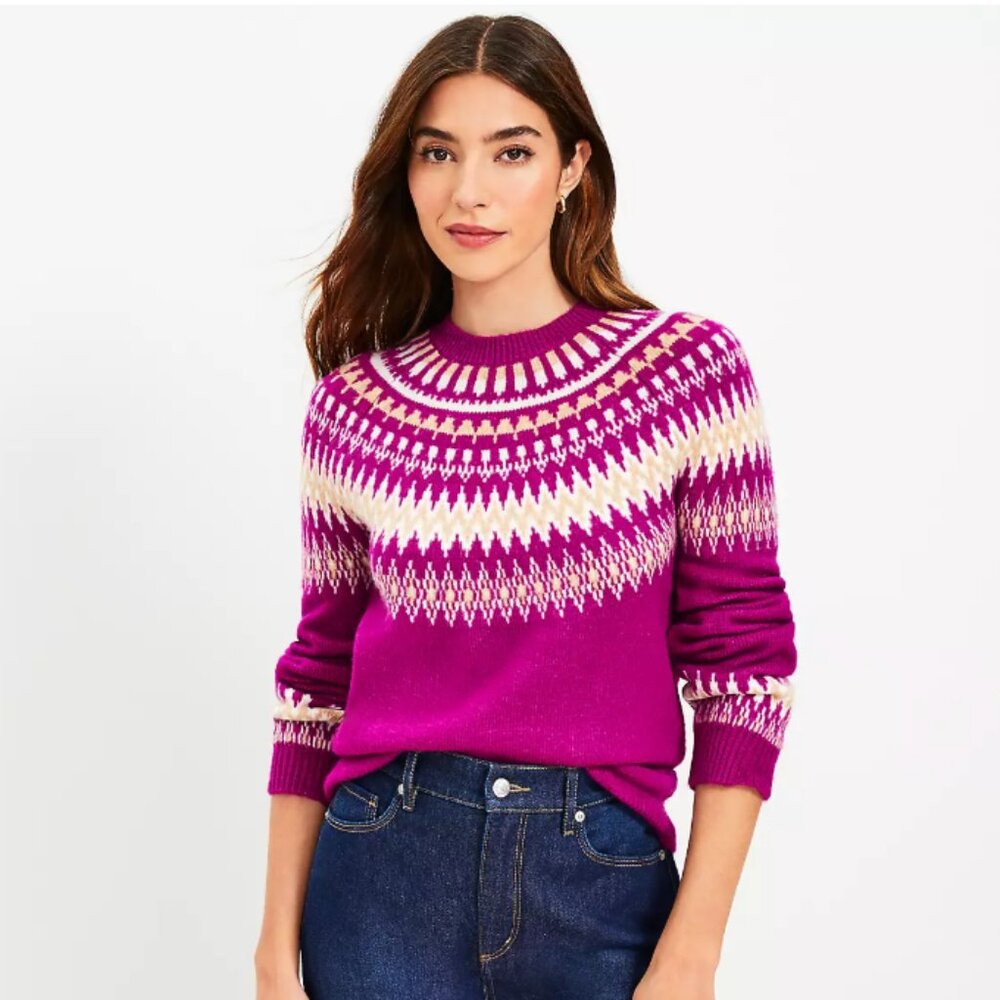 Loft Fair Isle Yoke Sweater Hot Pink Large Petite